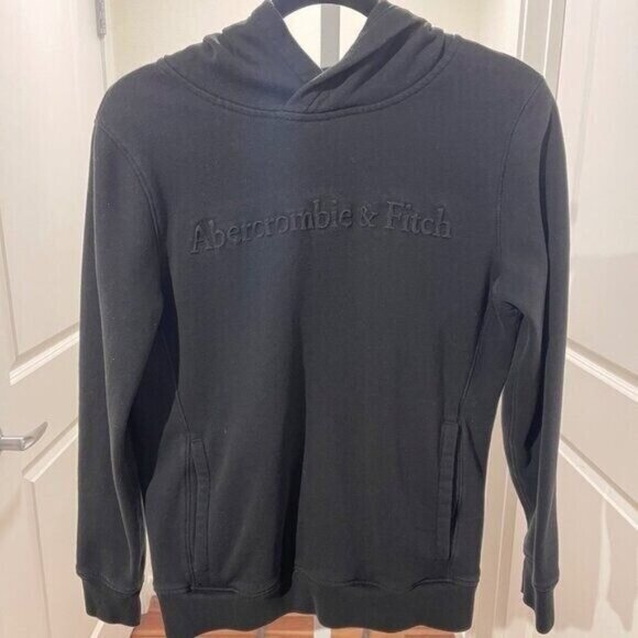 Abercrombie & Fitch Unisex Black Pullover Hoodie XS Flocked Logo Soft Casual - Picture 1 of 13